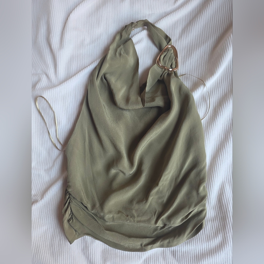Zara Set Halter Top Tie Back Sz M+ cuffed balloon pants Sz L light khaki Nwt - Picture 2 of 14